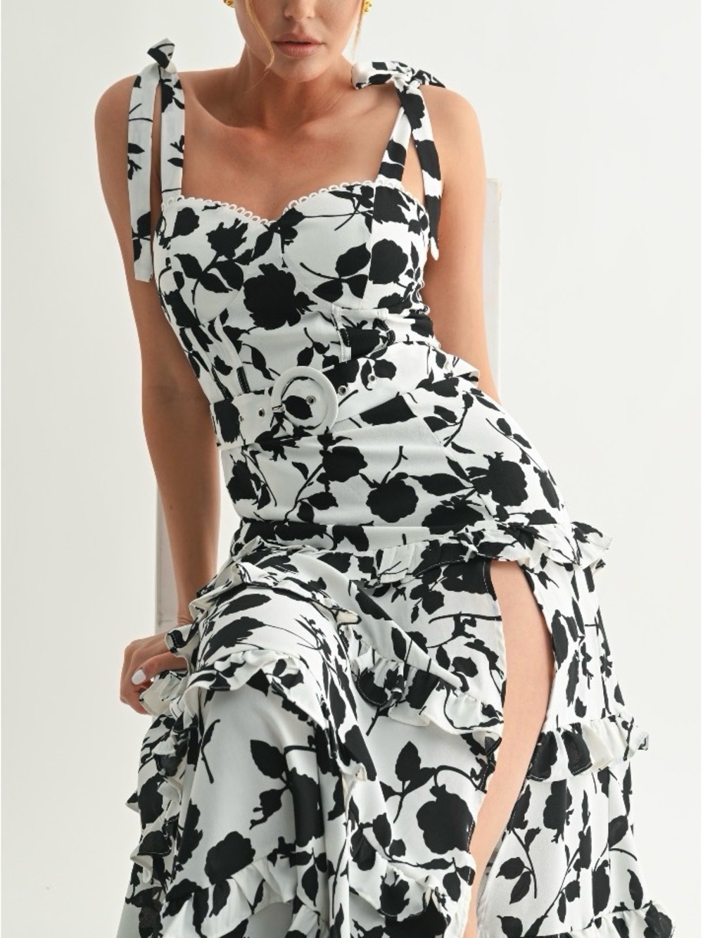 Black & White Floral High-Low Dress with Tie Straps